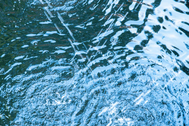 Close-up of water ripples forming concentric circles as droplets splash onto the surface of a garden fountain.
