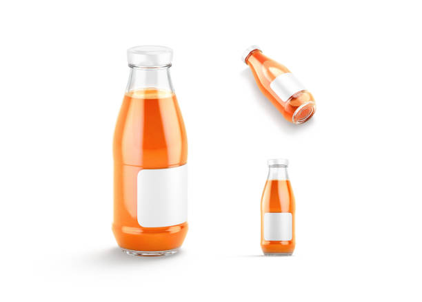 Blank transparent glass carrot juice bottle mockup, different views, 3d rendering. Empty natural carrots vegan drink in pack label mock up, isolated. Clear acrylic bottles with parsnip juicy template.