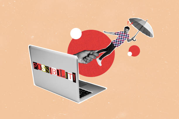 istock Creative photo collage young man flying upwards parasol surreal laptop possibility encouragement inspiration drawing background 2198194103