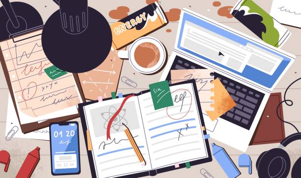 stockillustraties, clipart, cartoons en iconen met creative disorder is in student workplace while learning process top view. mess, cup, can are on dirty desk. messy table with open notebook, laptop, stationery and clutter. flat vector illustration - smeerboel