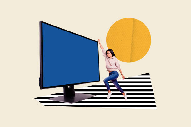 Creative collage picture young confident persistent girl go raised hands computer monitor surreal concept reach goal target.
