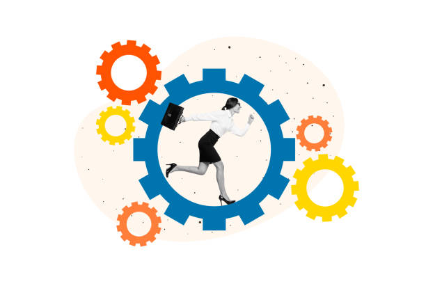 istock Creative photo collage young running business lady fast forward hurry cogwheel entrepreneur project management configuration process 2198199779