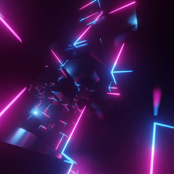 istock Retro Neon lines and abstract shapes converge in a dynamic 3D tech background. Glowing pink and blue elements for a gaming theme. 2198201986