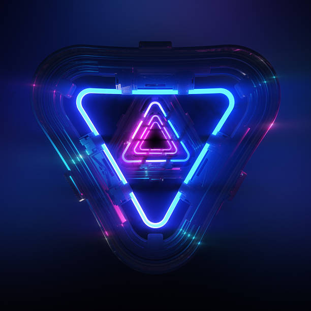 istock Glowing neon light in a triangular shape. Futuristic Glowing Neon Triangle Tunnel Background. Black tech structure holding pink and blue neon lights. 3D render 2198202188