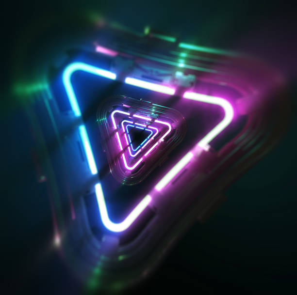 istock Neon triangle tunnel with a glitchy effect. Retro gaming background with vibrant glowing lines and geometric shapes. 2198202497