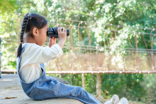 istock Asian young girl sitting outdoors holding binoculars exploring nature. Outdoor learning, childhood curiosity, and discovery in an eco-friendly and peaceful environment. 2198211324