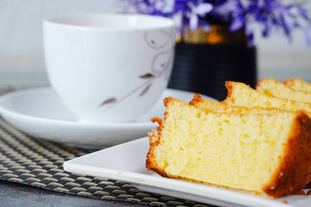 Home made cake in white tray. Soft and delicious cake with tea