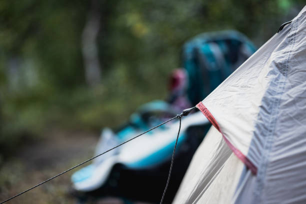 Selective focus on tent support rope leading up to the canvas to secure in-place. High quality photo