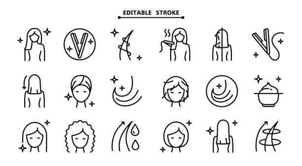 illustrazioni stock, clip art, cartoni animati e icone di tendenza di set di icone della piastra per capelli per trattamenti di cura dei capelli e salone di bellezza o donna. tratto modificabile. apparecchio per piastra per capelli femminile per il taglio di capelli femminile e i simboli del trattamento cosmetico per la cura - capelli o peli