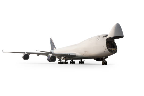 istock Wide body cargo transport airplane with an open nose hatch isolated on white 2198231202
