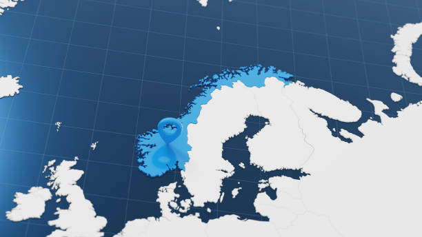Blue Norway 3d map with pointer pin surrounded with other countries in white. Europe political map with borders. 3d render illustration.