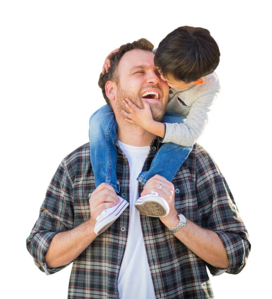 Happy Mixed Race Father and Son Riding Piggyback Isolated on a White Background.