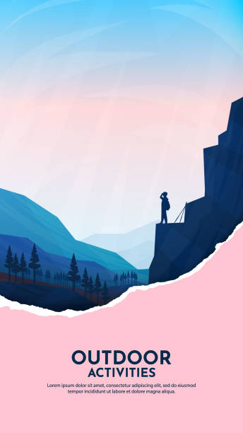 istock Vector illustration. Travel concept of discovering, exploring and observing nature. Adventure tourism background with tear paper overlay.  Design for flyer, voucher, coupon, leaflet. Flat landscape 2198251430