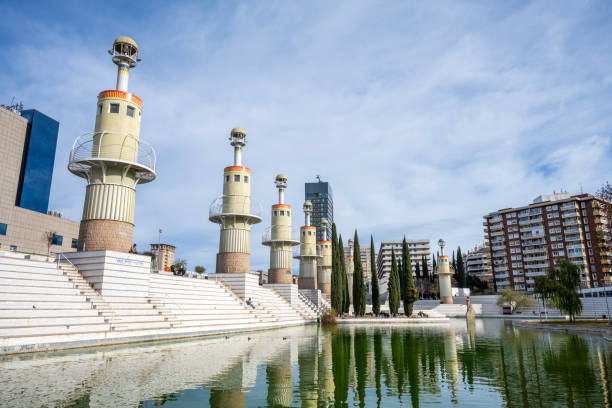 Barcelona, Spain - January 2, 2024. Espanya Industrial Park (Parc de L'Espanya Industrial) with people sitting on stairs in Barcelona, Spain