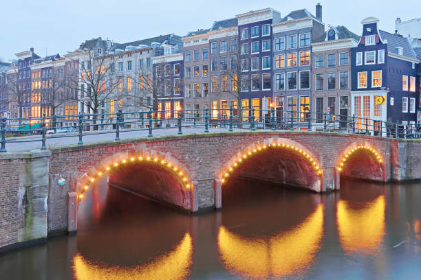 view of a canal and canal houses at twilight (Amsterdam, Netherlands).