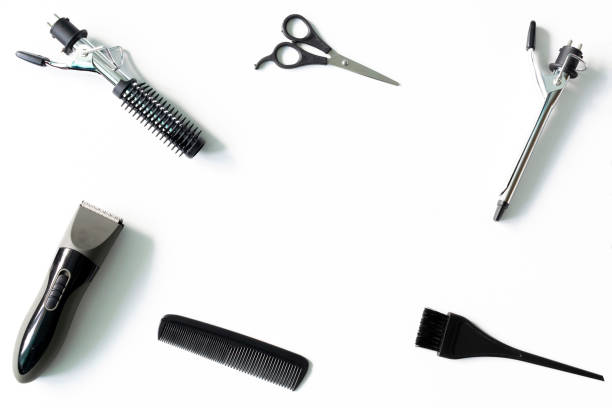 istock hairdresser composition frame with combs, brush, scissors, tools and accessories on white background. Stylish concept. Flat lay, top view with copy space 2198266091