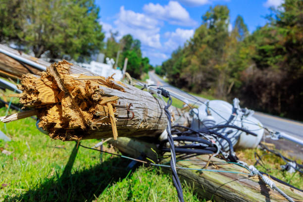 istock Strong hurricane caused poles to crash down with broken wires during a storm 2198275011