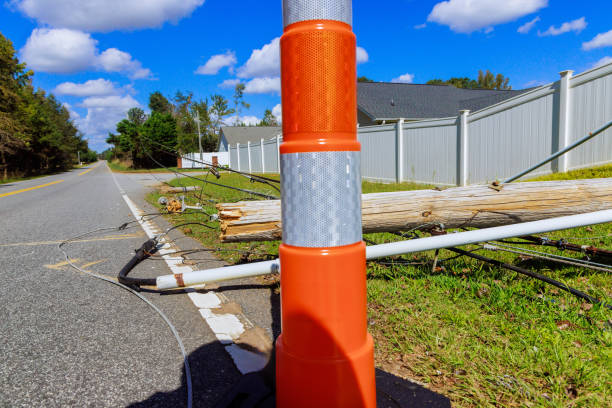 istock Tornado caused electric poles with wires to be broken by a storm winds 2198275017