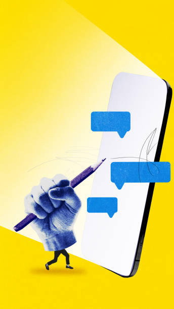 istock Digital dialogue. Giant hand holding pencil next to big abstract smartphone screen with text messages speech bubbles 2198275625