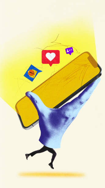 istock Hand running with large phone with messages and likes flying around, symbolizing social engagement, teamwork, and digital networking. 2198275650