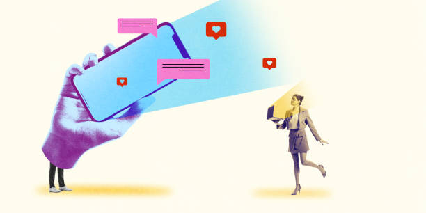 istock Large hand holding phone with messages floating towards woman, symbolizing networking, teamwork, and digital conversations. 2198275660