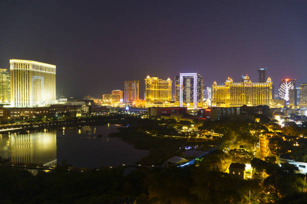Macau, China - December 28 2024: Nightscape of the Cotai Strip skyline in Taipa, showcasing the dazzling casinos that line the strip