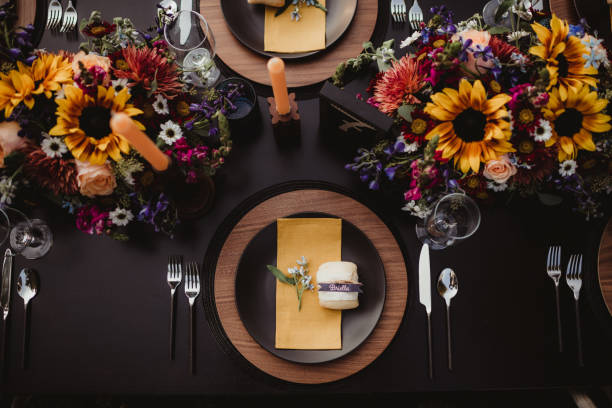 istock Wedding reception dinner party place settings and decorations from above 2198286107