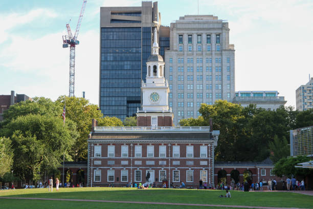 istock Historic Independence Hall with modern skyline in sunny Philadelphia 2198286474