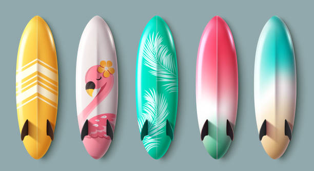istock Summer surfboard elements clipart set. Colorful surfing board clip art collection with rocket design and printed tropical elements 2198286952