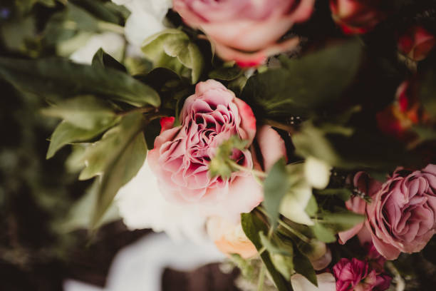 Close up of pink flowers in flower arrangement as background