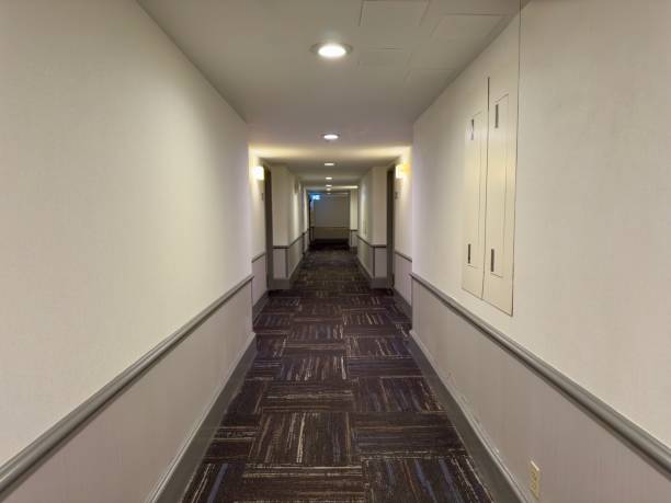 istock hotel corridor in light colors with carpet 2198295137