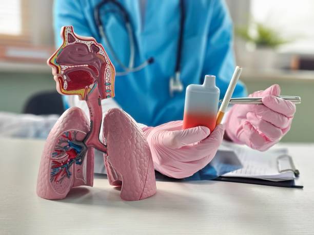 istock Doctor holds vape cigarettes and lung anatomy. Consequences of smoking electronic cigarettes vape 2198297542