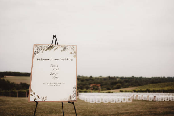 Seating arrangement chart sign outdoors at wedding ceremony