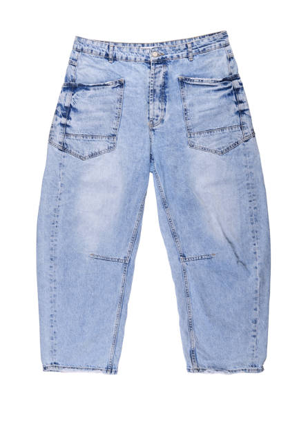 Denim pants with unique design featuring light wash and oversized pockets for casual wear isolated on white background.
