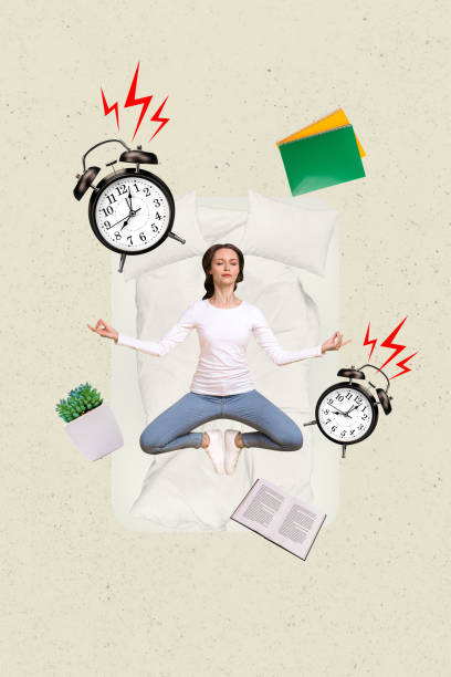 istock Creative vertical collage picture young levitating woman alarm clock bell ringing miss deadline meditation calmness drawing background 2198313942