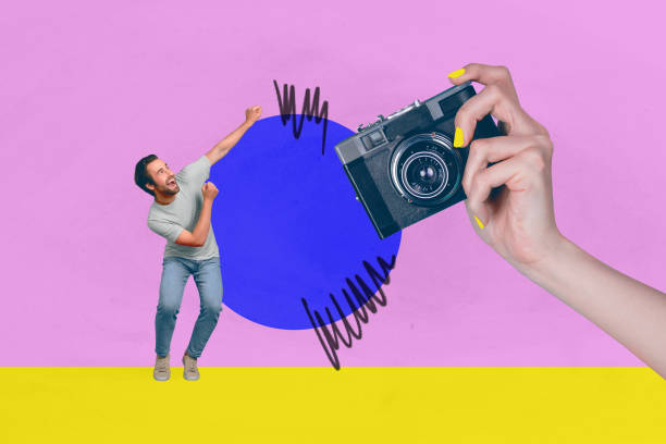 istock Trend artwork sketch image composite 3D photo collage of handsome smiled man model posing huge hand hold photocamera make shoot 2198314074