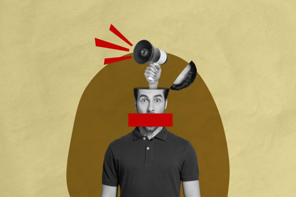 istock Composite trend photo collage of black white silhouette silence man mouthless open half head hand hold loudspeaker proclaim own opinion 2198314082