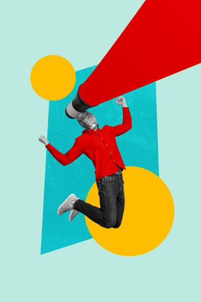 istock Collage vertical image of funky unknown weird guy announcing special offer shopping time hurry up isolated on drawing background 2198316046