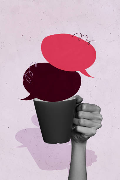 istock Vertical photo collage of hand hold coffee cup break drink cloud communication talk discussion speech isolated on painted background 2198316522