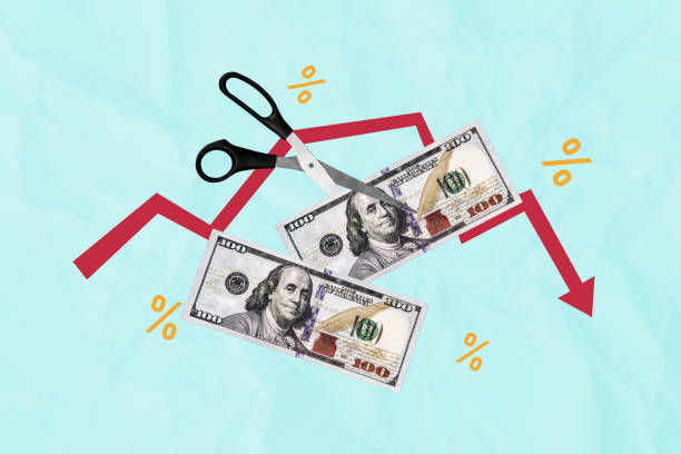 Creative collage picture scissors cutting banknote cash hundred dollars statistics arrow decrease profit ciris recession devaluation