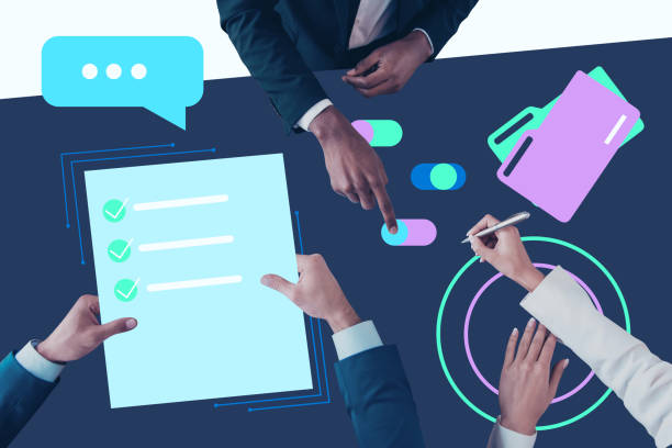 Creative collage human hands businesspeople tast list completed tick approval acceptance pen drawing switch buttons project management