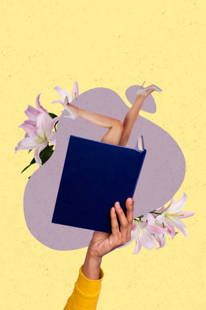 istock Composite vertical collage image of hand hold book mini legs stick lily flower isolated on creative background 2198316698