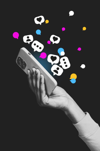 Vertical photo collage of hand hold new iphone device camera correspondence messenger technology like heart isolated on painted background