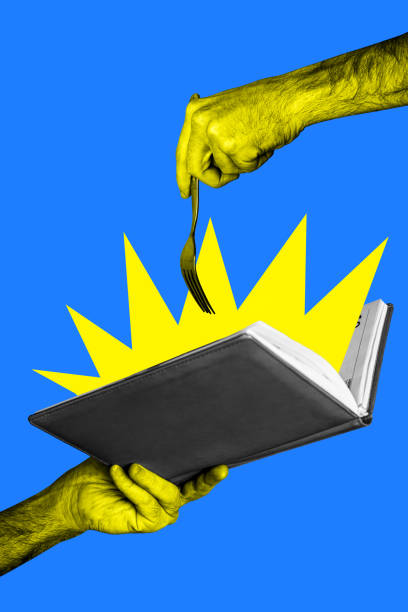 istock Vertical photo collage of hands hold book light education literature fork receipt hunger menu restaurant isolated on painted background 2198317163