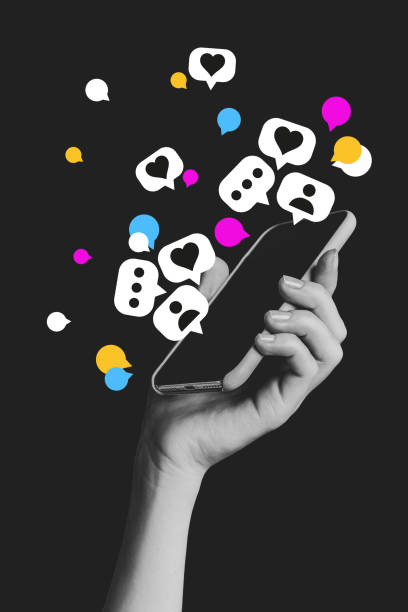 istock Vertical photo collage of hand hold new iphone device camera correspondence messenger technology like heart isolated on painted background 2198317165