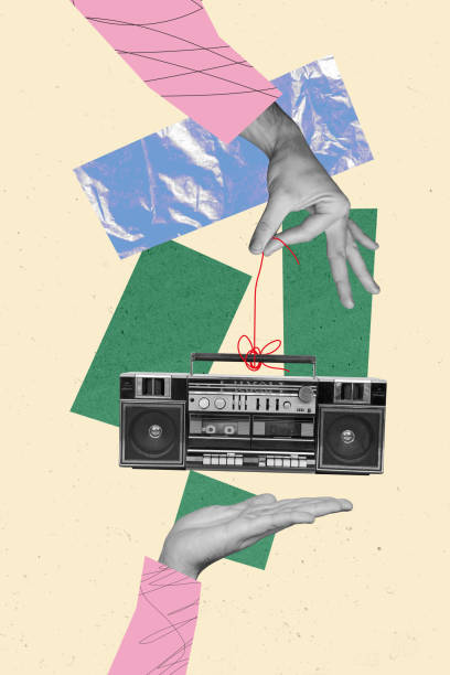 istock 3d retro abstract creative artwork template collage of arm holding hanging boom box isolated painting background 2198317212