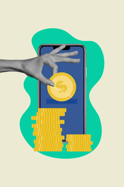 istock Sketch image composite trend artwork 3D photo collage of silhouette huge phone device screen collect money hand hold gold coin in finger 2198317767