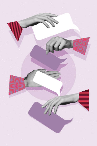 istock Vertical photo collage of hands tip choose finger text box mind discussion crowd people social media talk isolated on painted background 2198317786