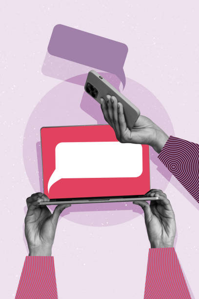 istock Vertical photo collage of hand hold iphone device laptop correspondence notification sms dialogue chatting isolated on painted background 2198317810
