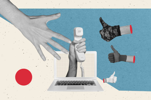istock Creative photo collage laptop checkered screen master's glove hand telecommunication contact center operator thumb up drawing background 2198318019